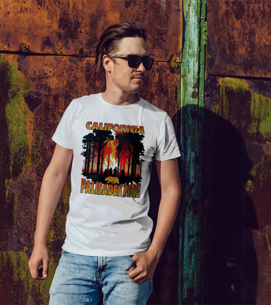 California Palisades Fire 2025 Forest Silhouette And Flames With Bear T-Shirt