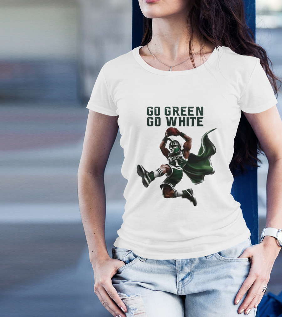 NCAA Michigan State Spartans Go Green Go White 2025 Mascot Dunking Basketball Player T-Shirt