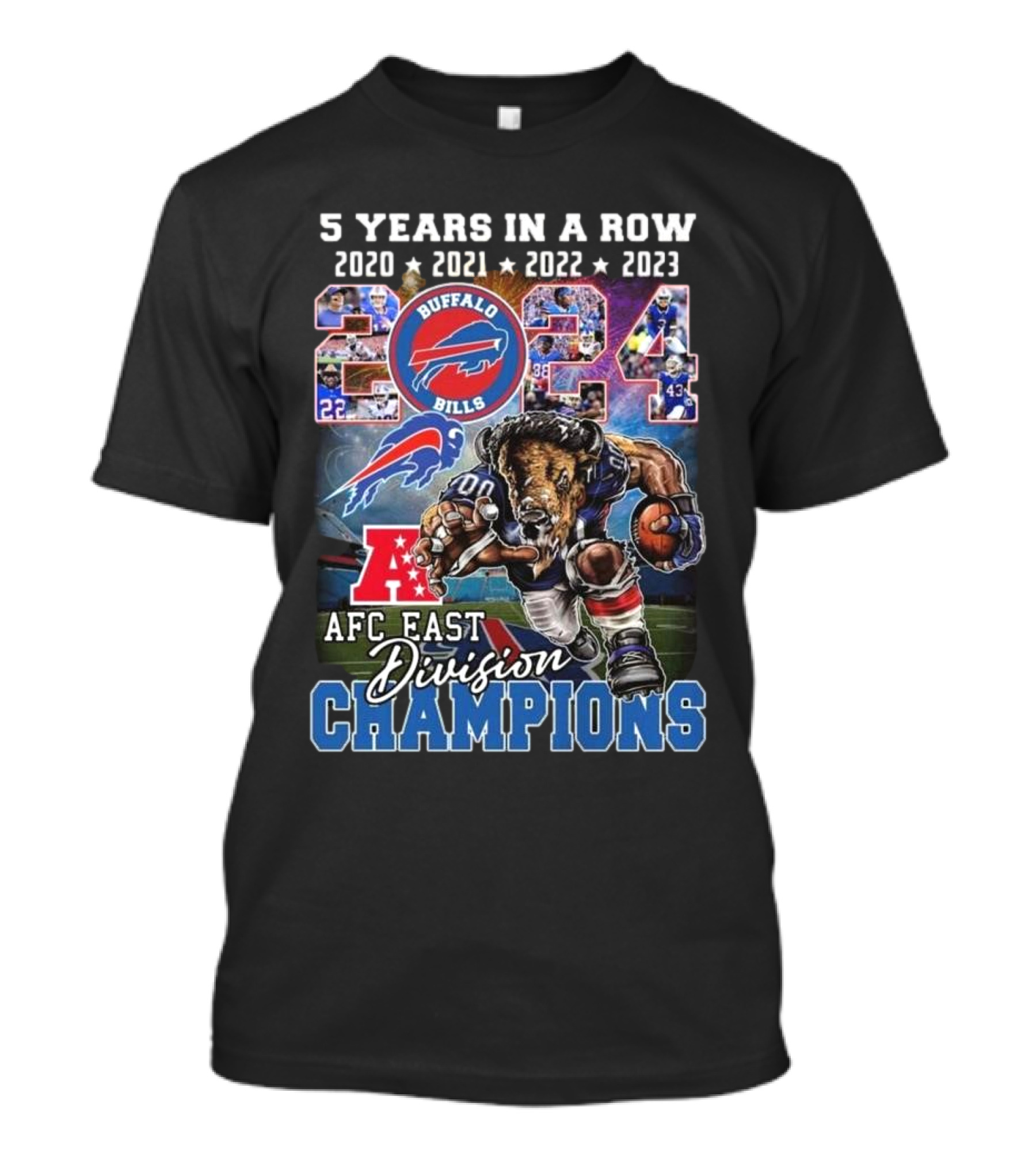 5 Years In A Row 2024 Buffalo Bills AFC East Division Champions Mascot Football T-Shirt