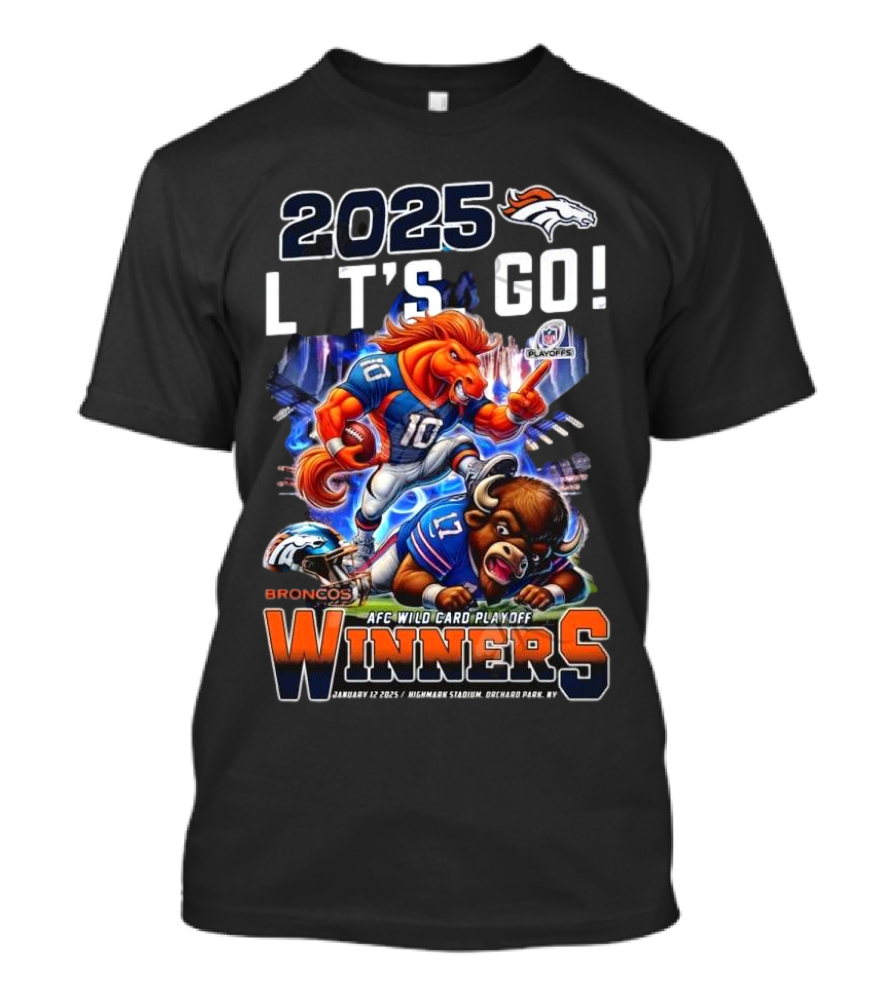 2025 Denver Broncos Let's Go AFC Wild Card Playoff Winners January 12 Empower Field Mascot T-Shirt