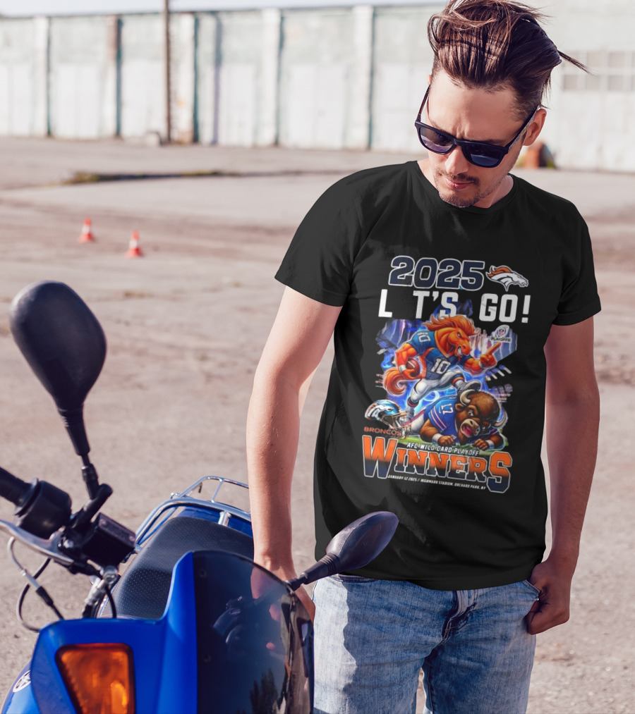 2025 Denver Broncos Let's Go AFC Wild Card Playoff Winners January 12 Empower Field Mascot T-Shirt