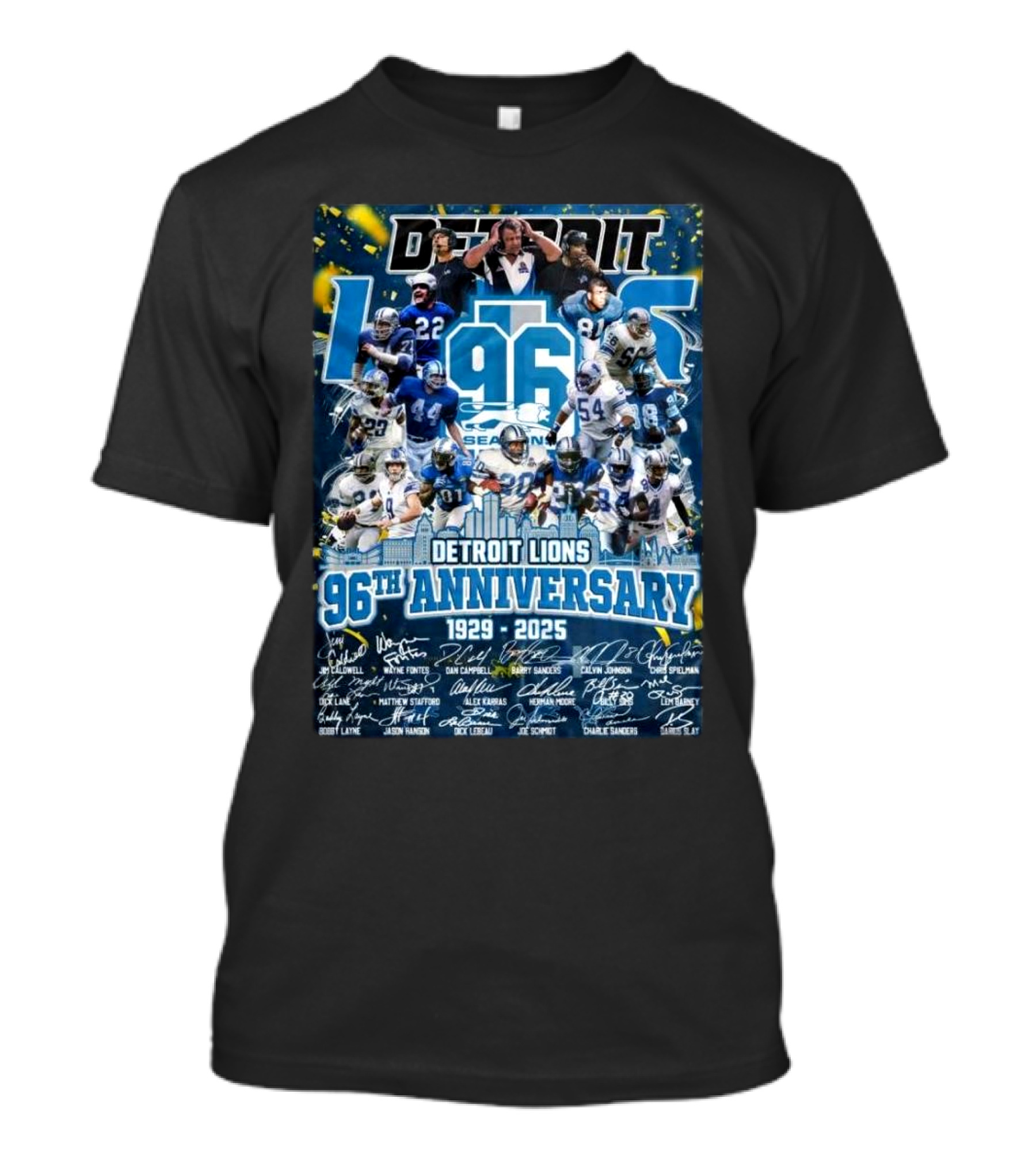 Detroit Lions 96th Anniversary 1929-2025 Players Signatures 96 Seasons Legendry T-Shirt
