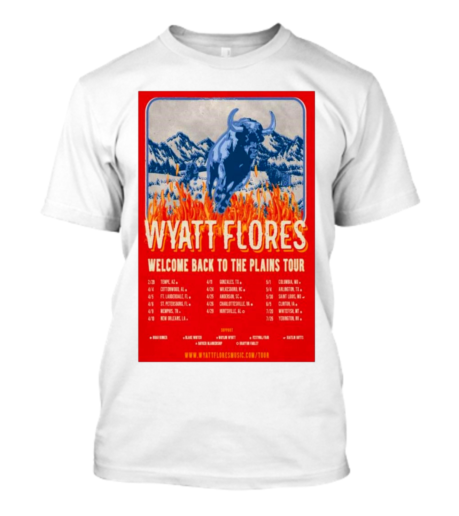 Wyatt Flores Welcome Back To The Plains Tour 2025 Dates And Locations With Charging Bull T-Shirt