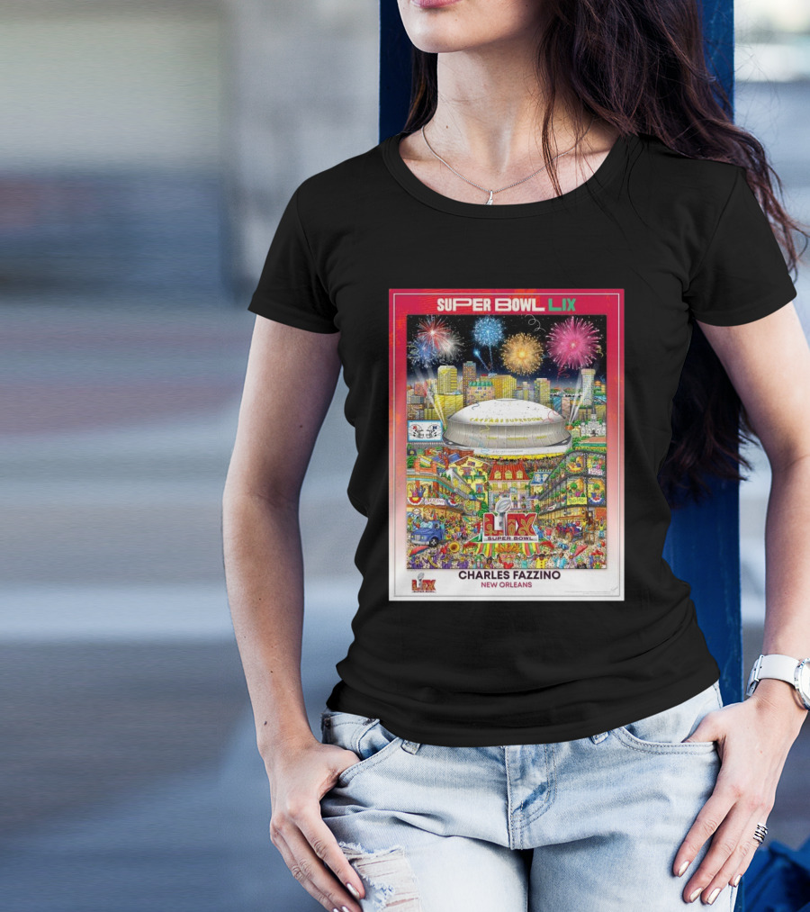 Super Bowl LIX New Orleans 2025 Charles Fazzino NFL Football Stadium Fireworks T-Shirt