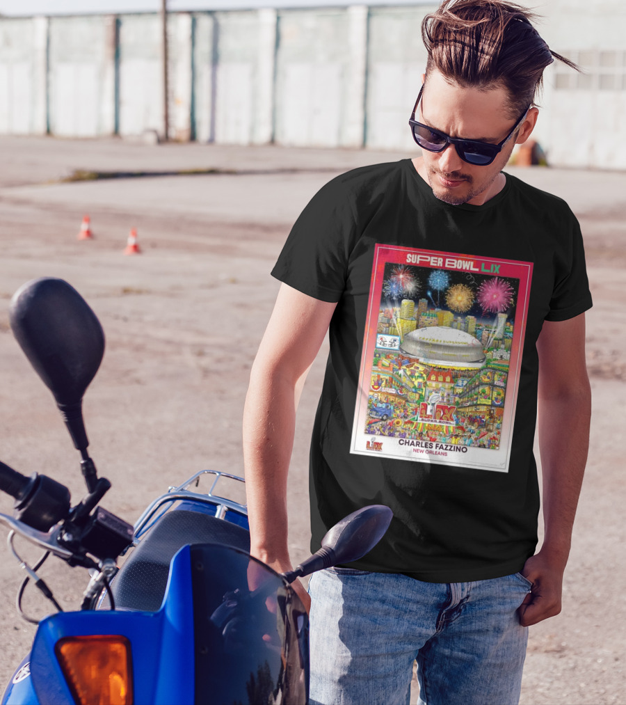 Super Bowl LIX New Orleans 2025 Charles Fazzino NFL Football Stadium Fireworks T-Shirt