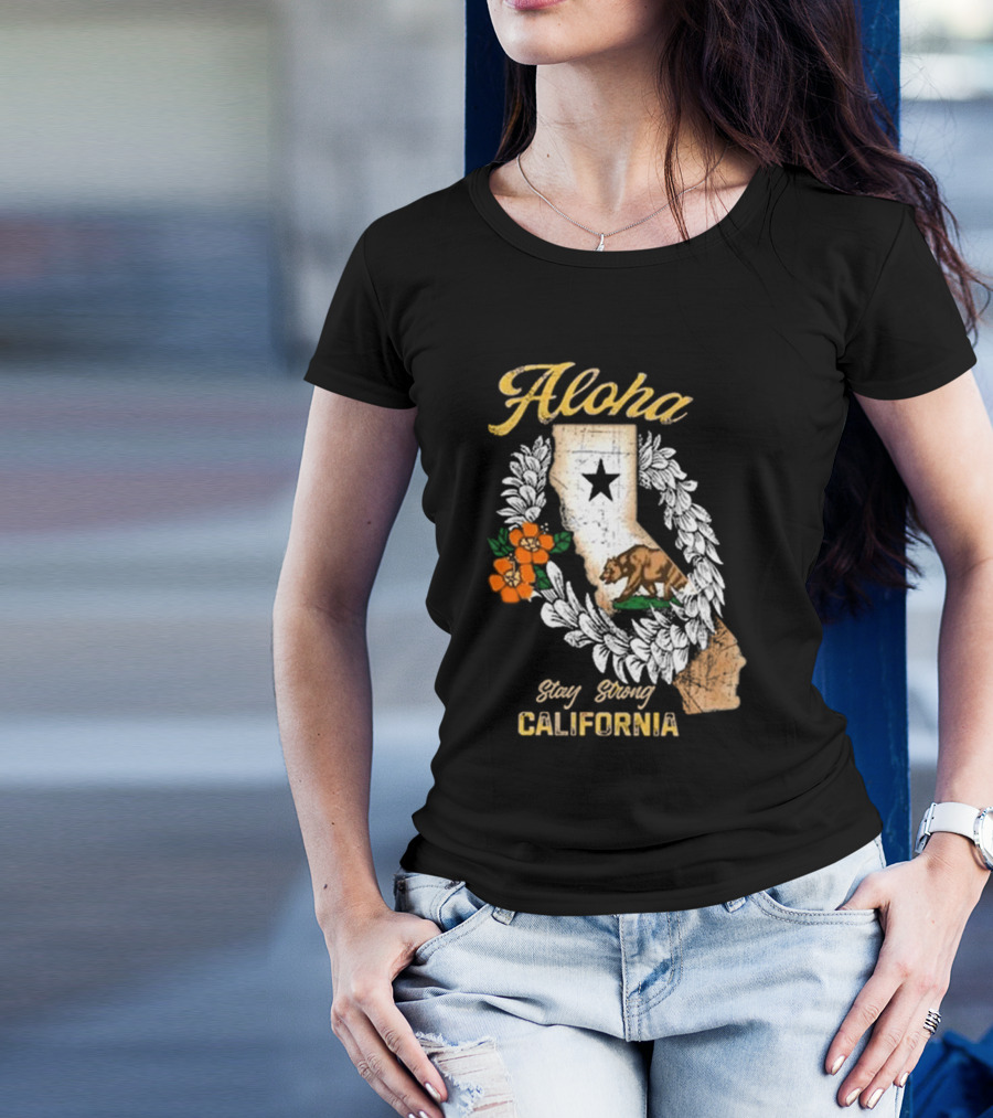 Aloha Stay Strong California Bear Star Map And Flower Garland T-Shirt