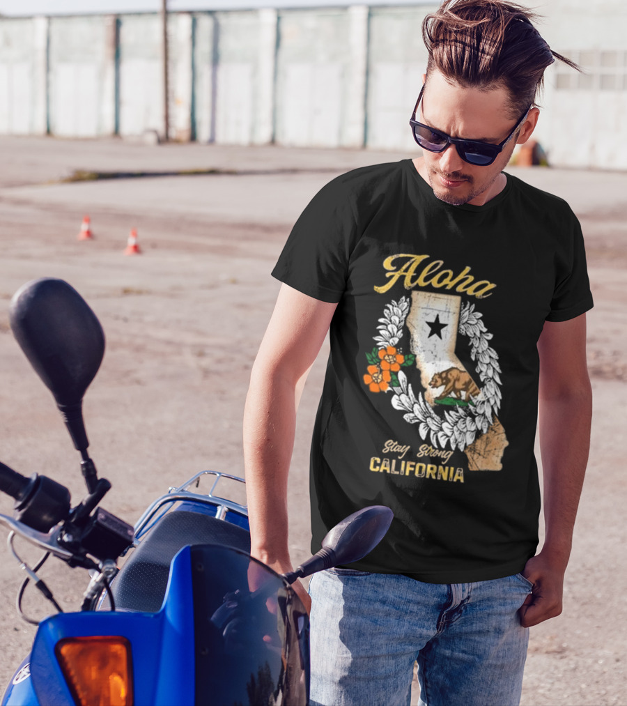 Aloha Stay Strong California Bear Star Map And Flower Garland T-Shirt
