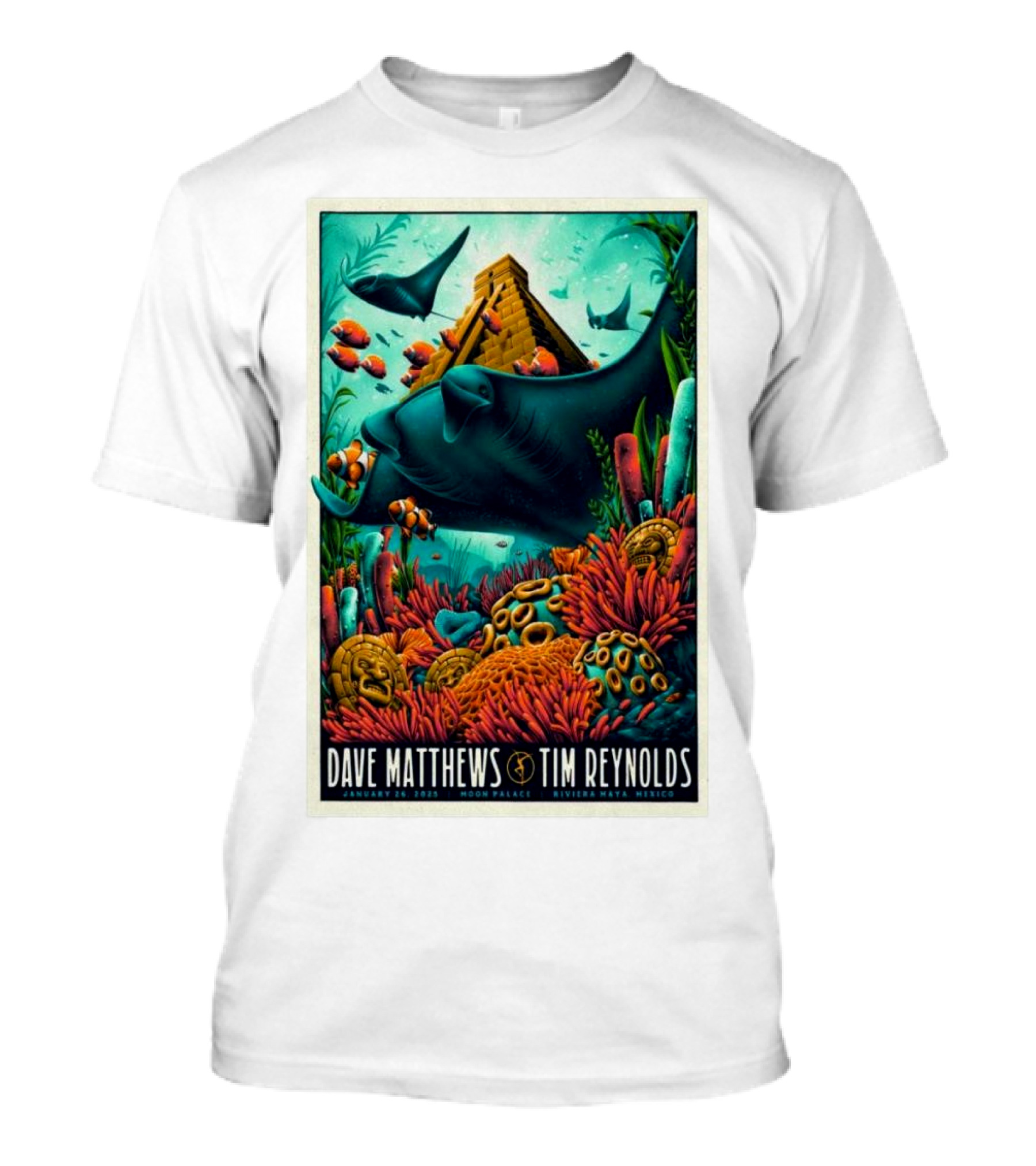 Dave Matthews Tim Reynolds January 26 2025 Moon Palace Riviera Maya Concert Colorful Underwater Scene With Pyramid T-Shirt