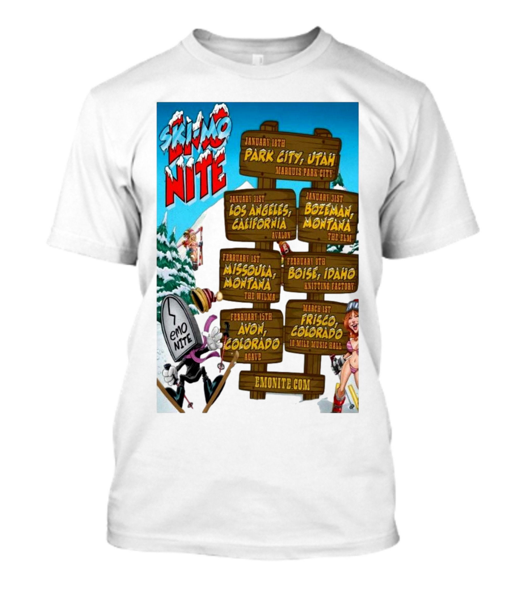 Emo Nite Ski-Mo Nite 2025 Tour Los Angeles Bozeman Missoula Park City Frisco Avon Boise Emonite.com T-Shirt