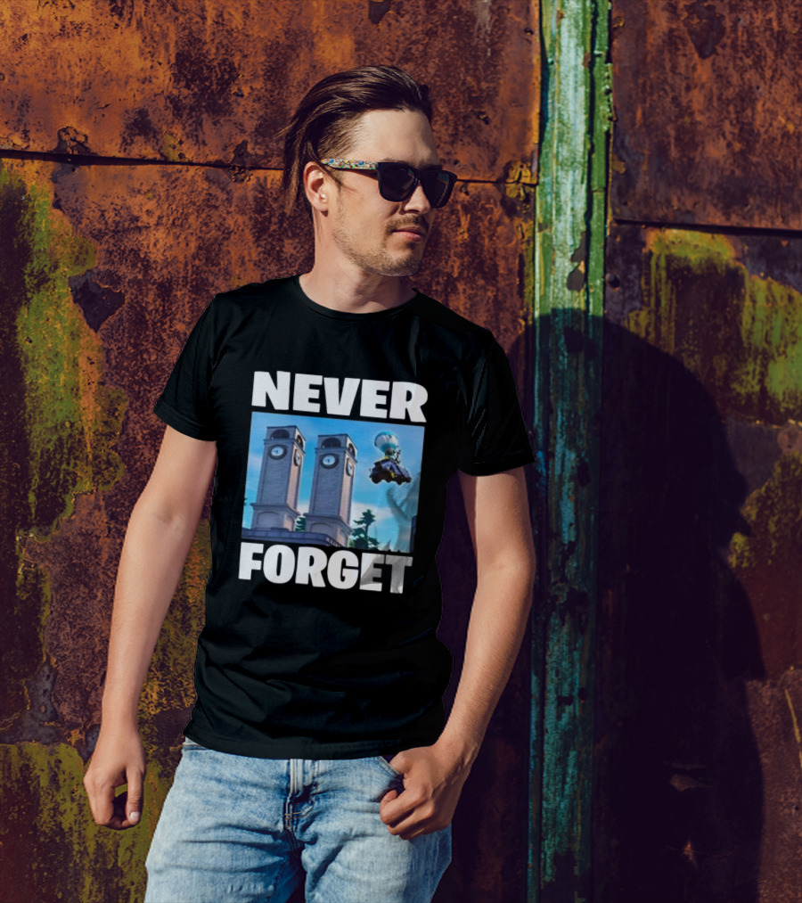 NEVER FORGET TWIN TILTED TOWERS FORTNITE CLOCK TOWER IMAGE QUADCRASHER T-Shirt