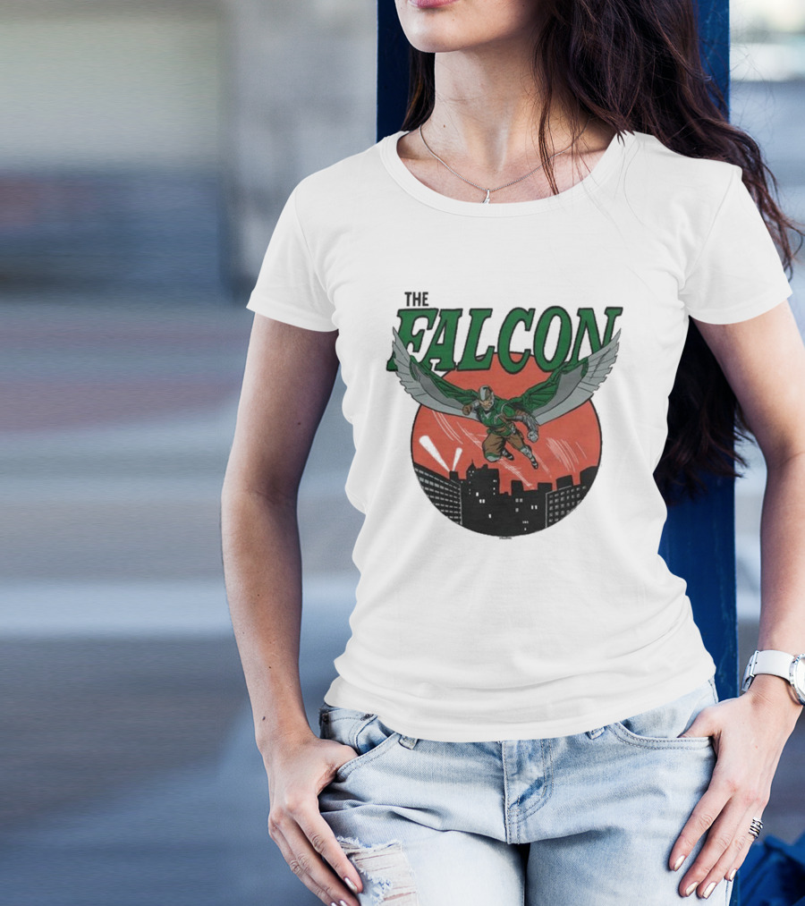 The Falcon Soaring Over City Skyline In Action-Packed Comic T-Shirt