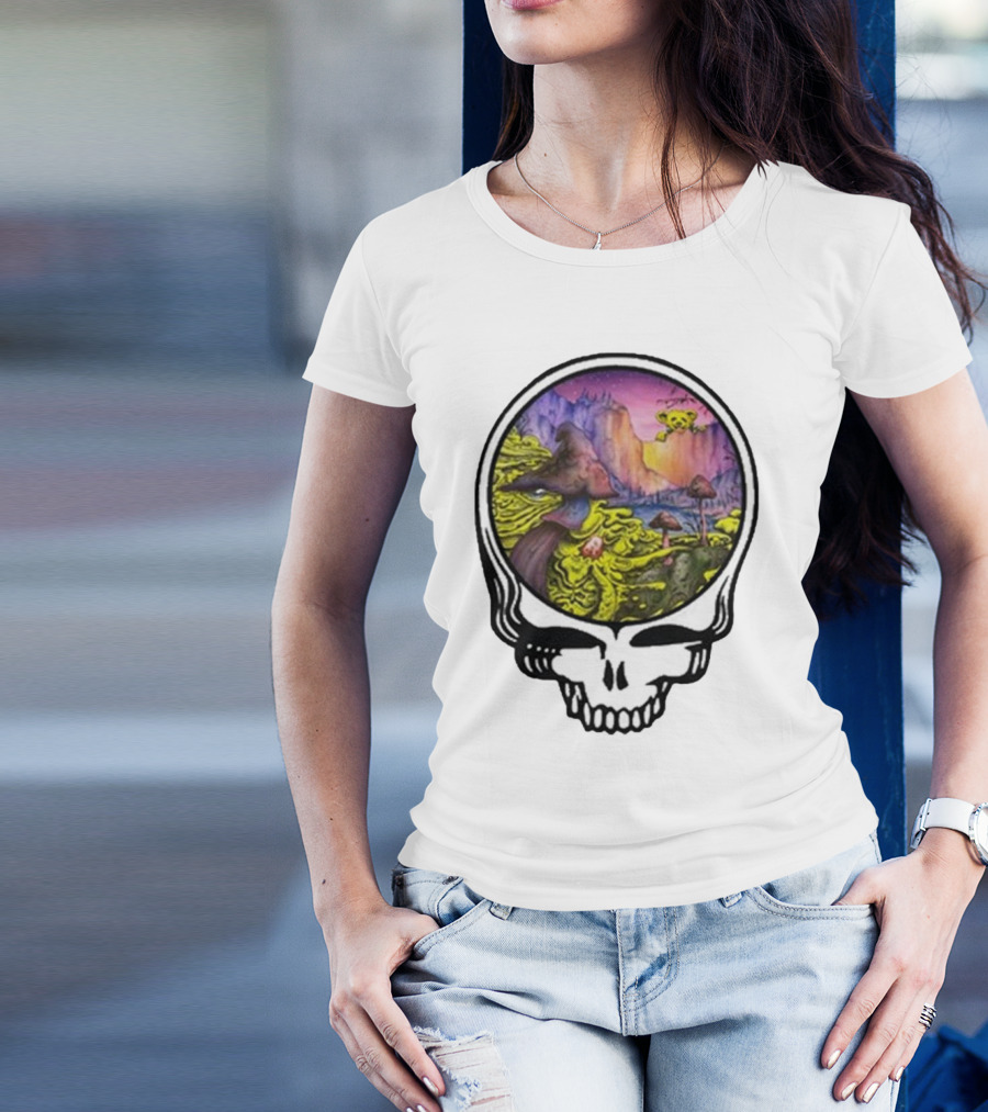 Grateful Dead Skull With Psychedelic Landscape And Mushrooms T-Shirt