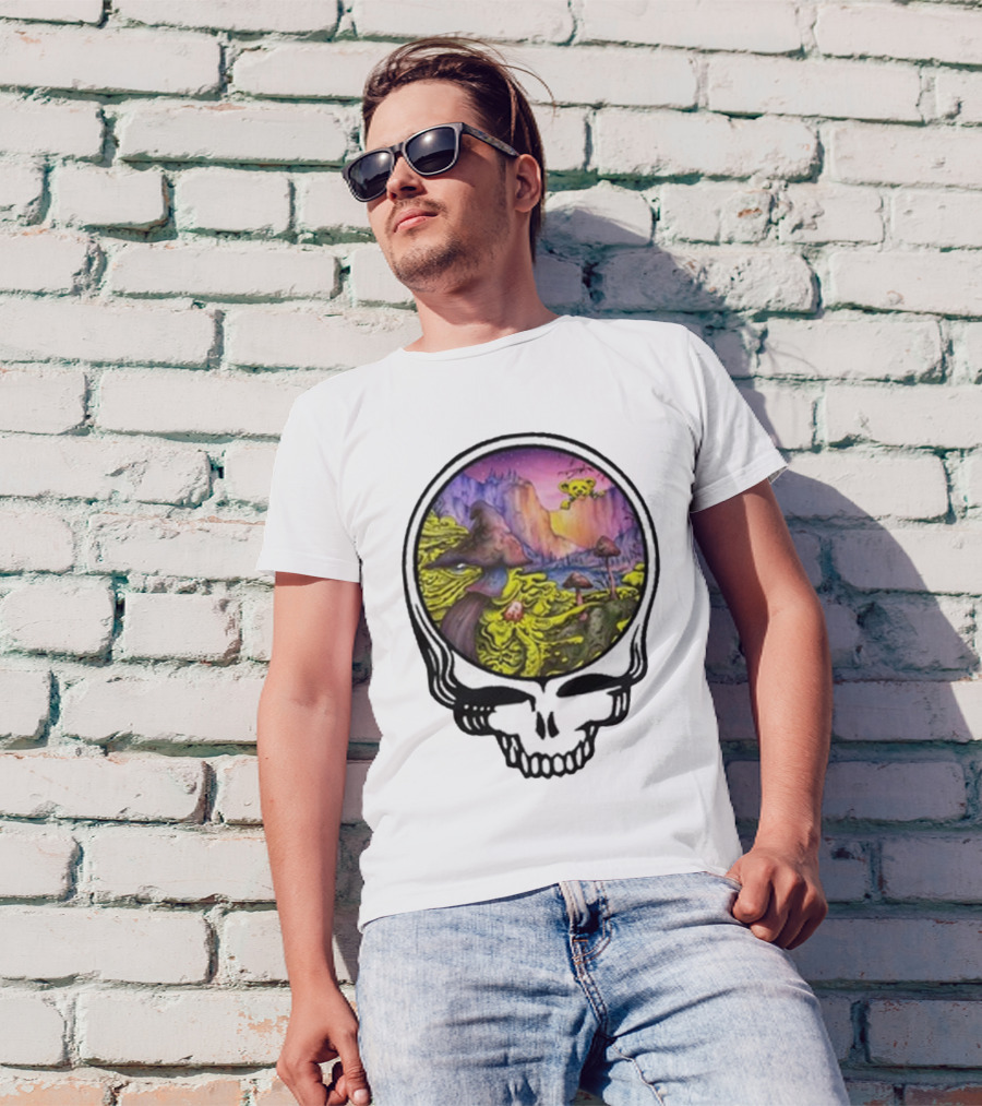 Grateful Dead Skull With Psychedelic Landscape And Mushrooms T-Shirt