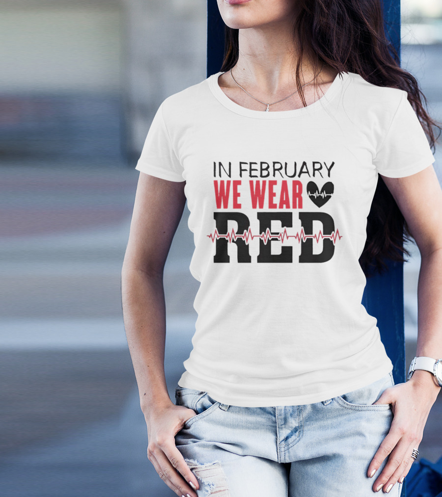 In February We Wear Red Heartbeat Motif T-Shirt