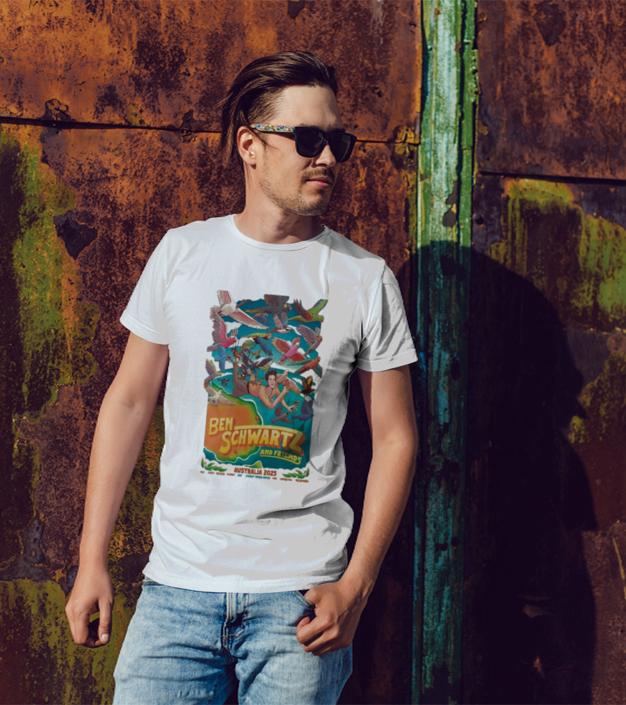 Ben Schwartz And Friends Australia 2025 Tour Birds Flying Surrounding Cartoon Character T-Shirt