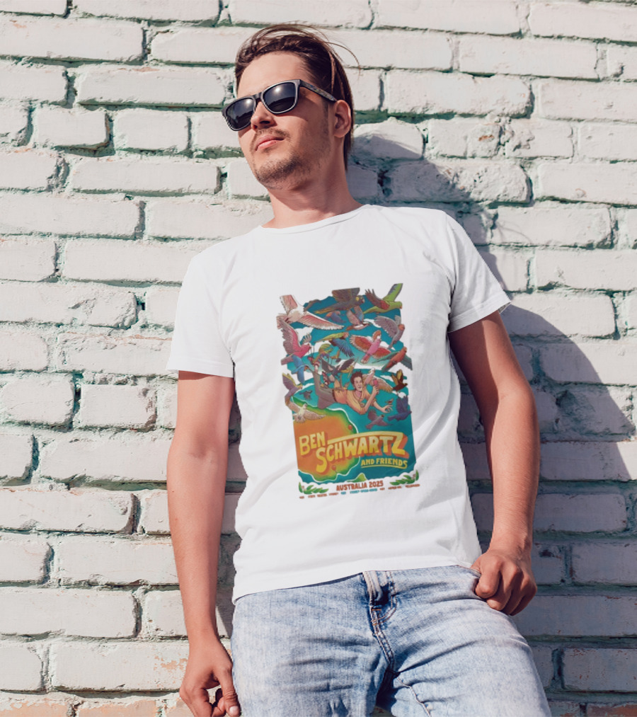 Ben Schwartz And Friends Australia 2025 Tour Birds Flying Surrounding Cartoon Character T-Shirt