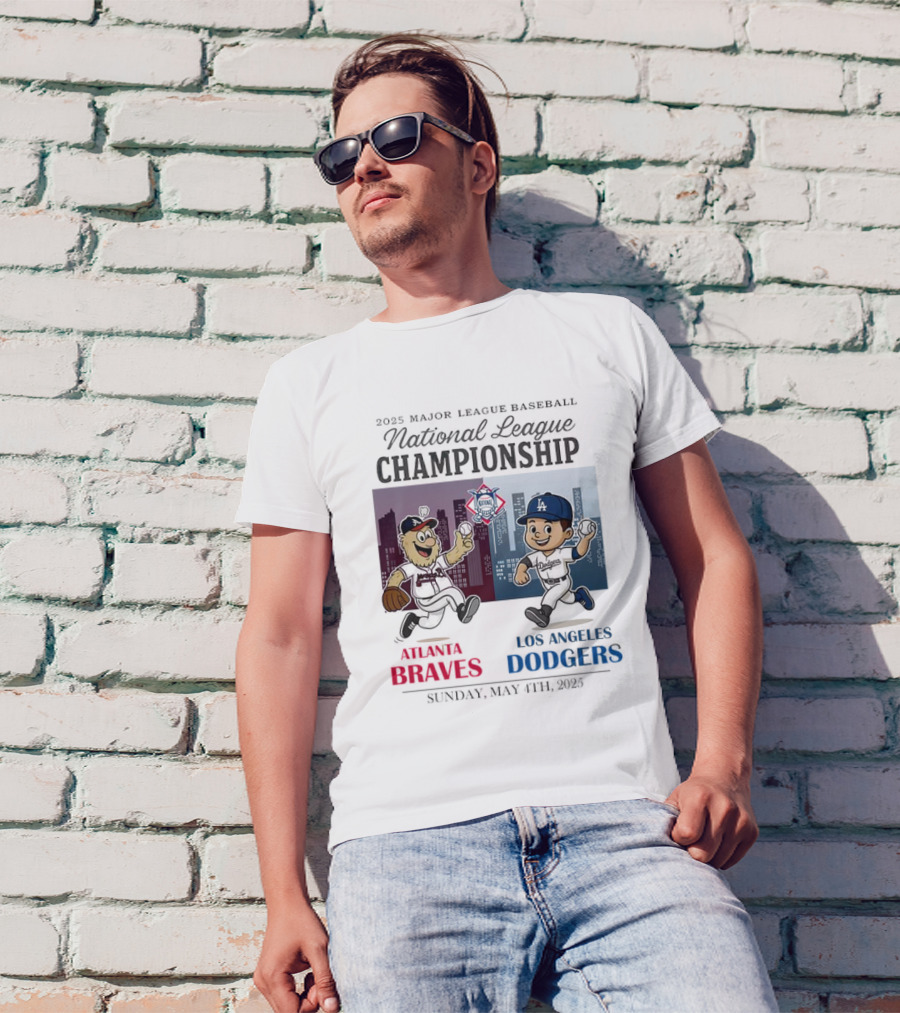 Atlanta Braves Los Angeles Dodgers National League 2025 Major League Baseball Skyline Cartoon Characters T-Shirt