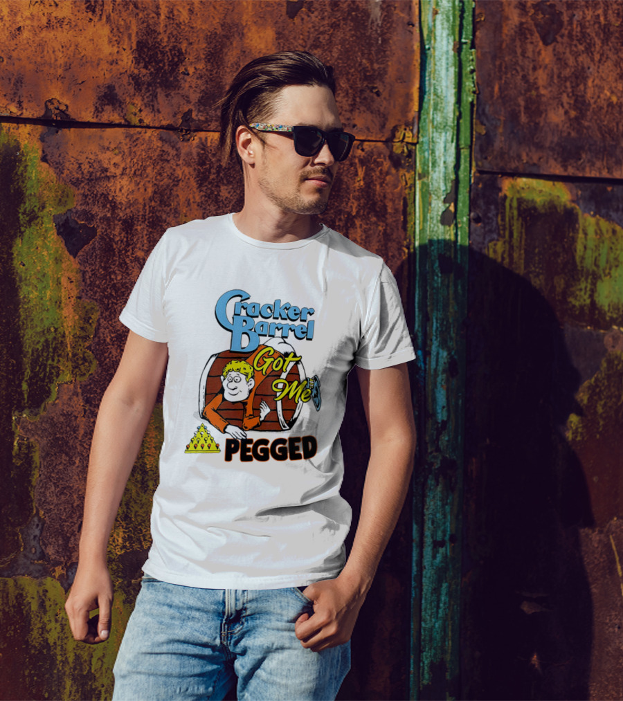 Cracker Barrel Got Me Pegged Cartoon Retro Style With Character And Cheese Icons T-Shirt