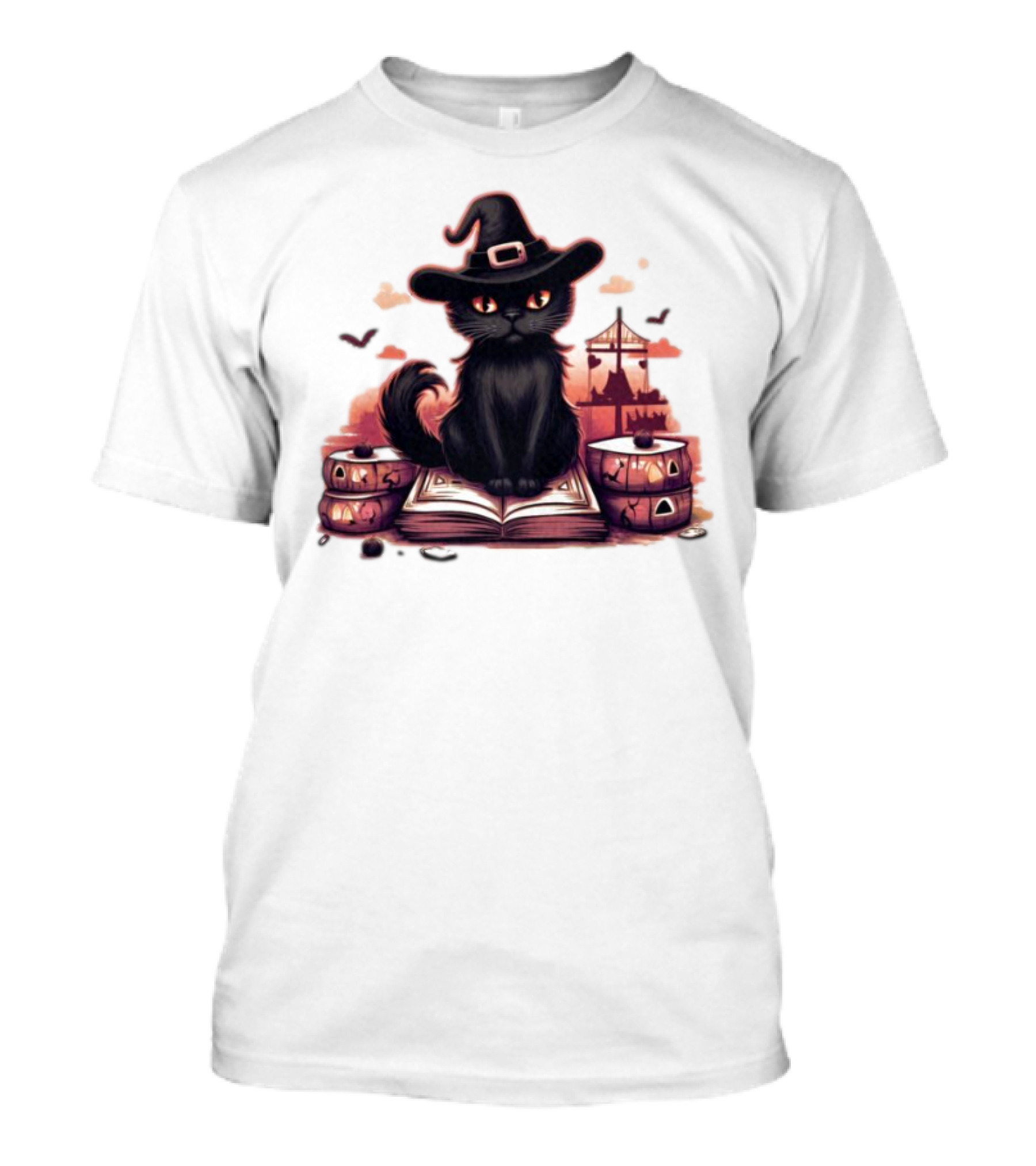 Cat Magic Halloween Witch Hat Pumpkins And Spellbook T-Shirt