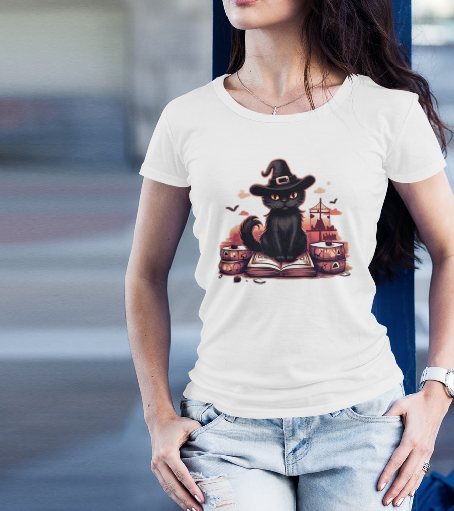 Cat Magic Halloween Witch Hat Pumpkins And Spellbook T-Shirt