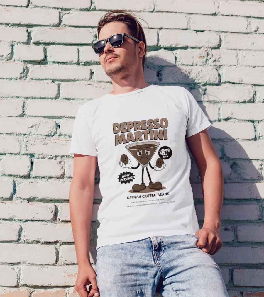 Depresso Martini Garnish Coffee Beans Cartoon Sad Face T-Shirt