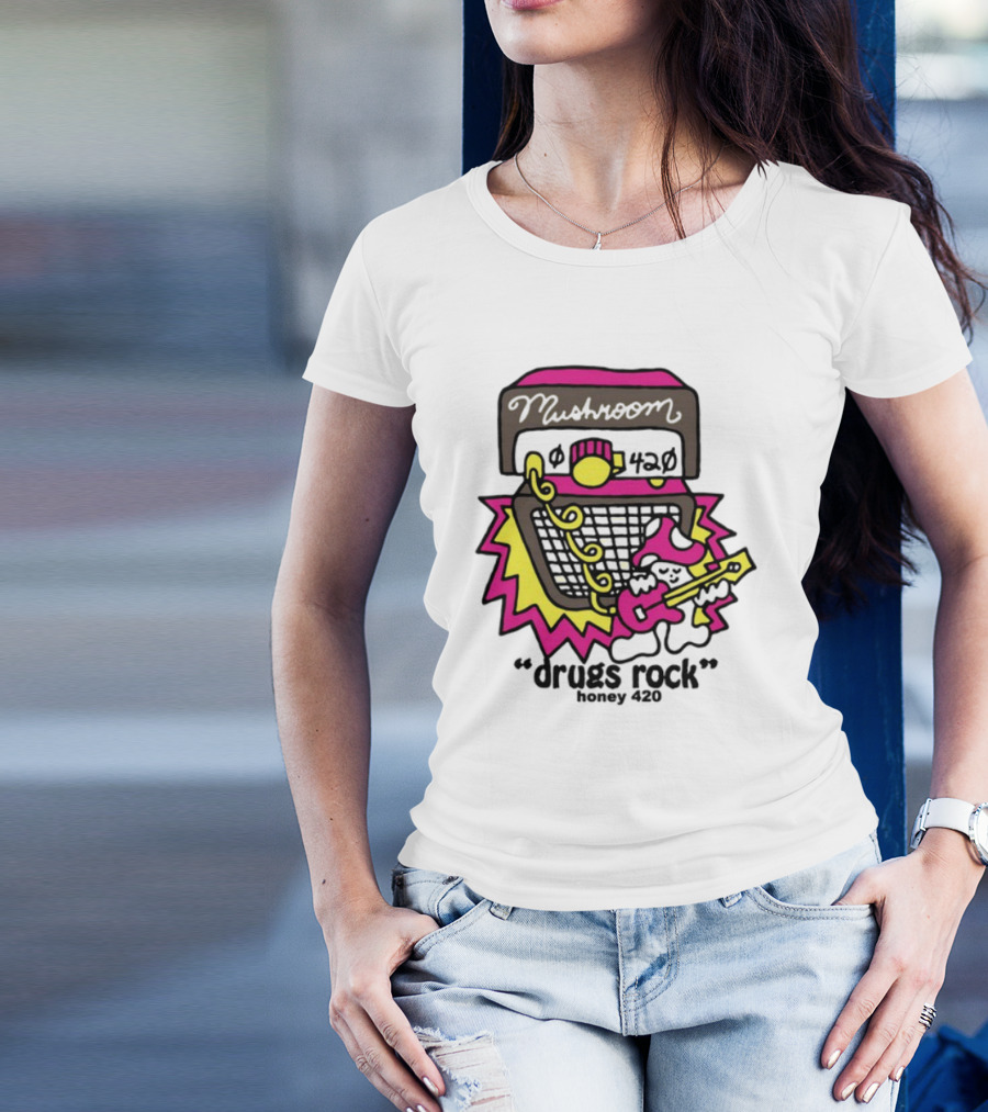 Drugs Rock Honey 420 Guitar Amp Bold Neon Art Style T-Shirt