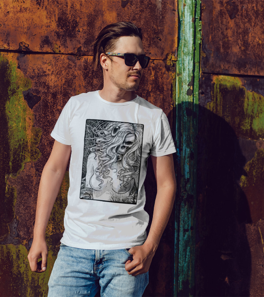 Godmachine Lillith Skull Illustration With Curly Hair And Jewel Headpiece T-Shirt