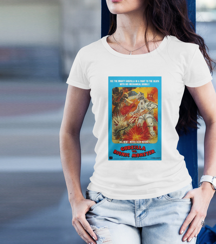 SEE THE MIGHTY GODZILLA IN A FIGHT TO THE DEATH WITH HIS MECHANICAL DOUBLE GODZILLA VS. BIONIC MONSTER CINEMA SHARES INTERNATIONAL T-Shirt