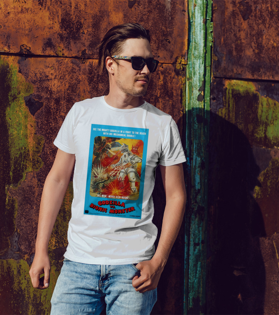SEE THE MIGHTY GODZILLA IN A FIGHT TO THE DEATH WITH HIS MECHANICAL DOUBLE GODZILLA VS. BIONIC MONSTER CINEMA SHARES INTERNATIONAL T-Shirt
