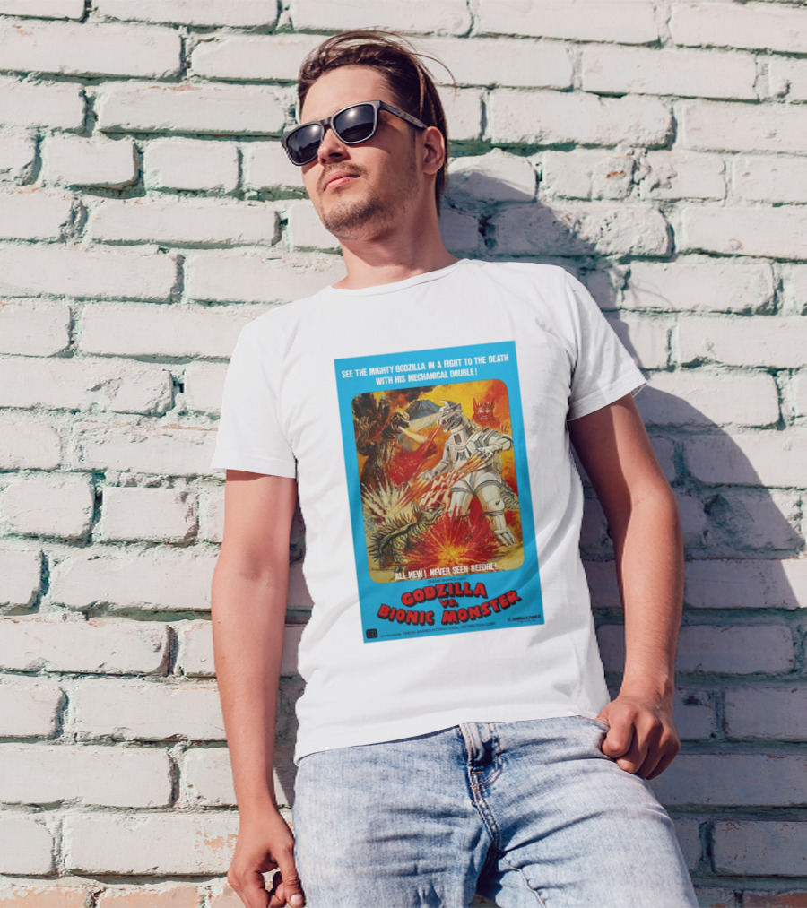 SEE THE MIGHTY GODZILLA IN A FIGHT TO THE DEATH WITH HIS MECHANICAL DOUBLE GODZILLA VS. BIONIC MONSTER CINEMA SHARES INTERNATIONAL T-Shirt