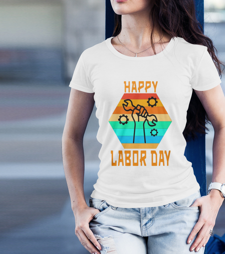 Colorful Wrench Fist Gear Happy Labor Day T-Shirt