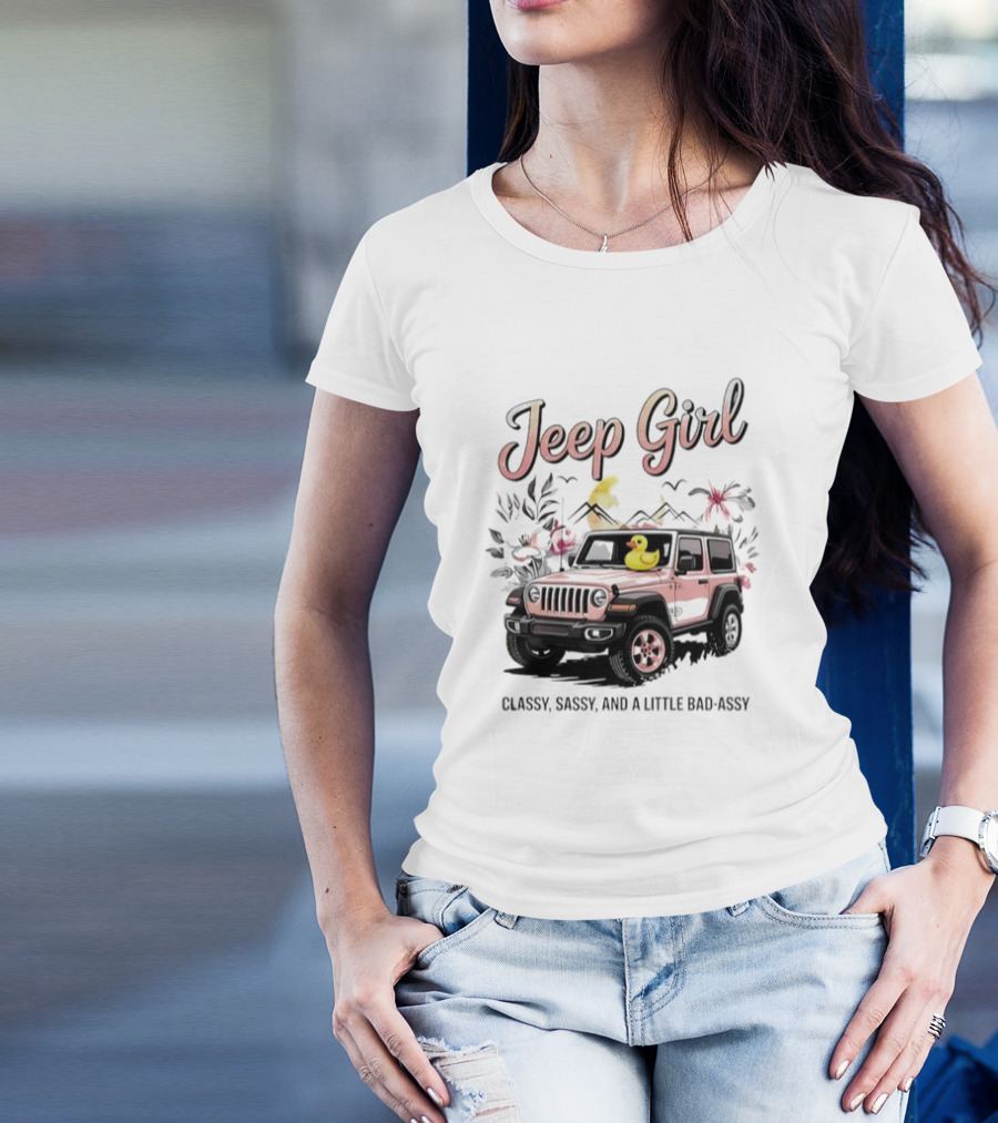 Jeep Girl Classy Sassy And Little Bad-Assy Pink Jeep Rubber Duck Floral Bunnies T-Shirt