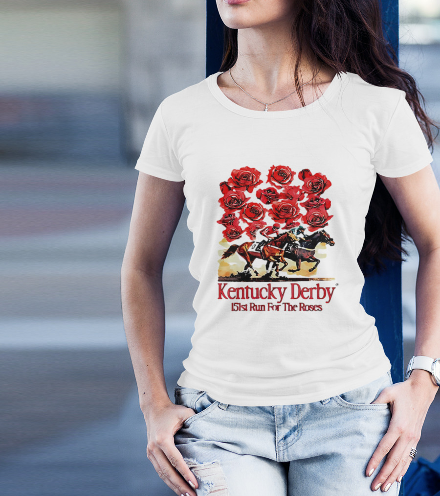 Kentucky Derby 151st Run For The Roses With Horses And Red Roses T-Shirt