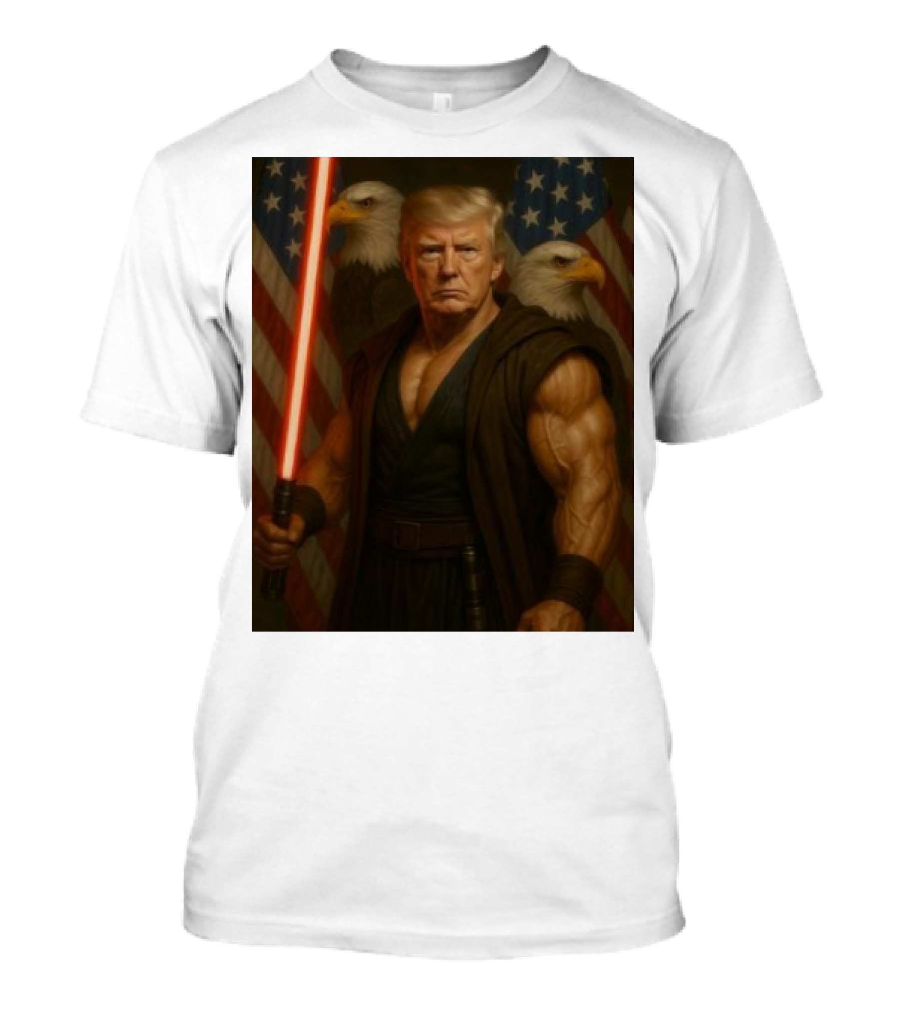 Trump Jedi Warrior With Lightsaber And Eagles In Front Of American Flags T-Shirt