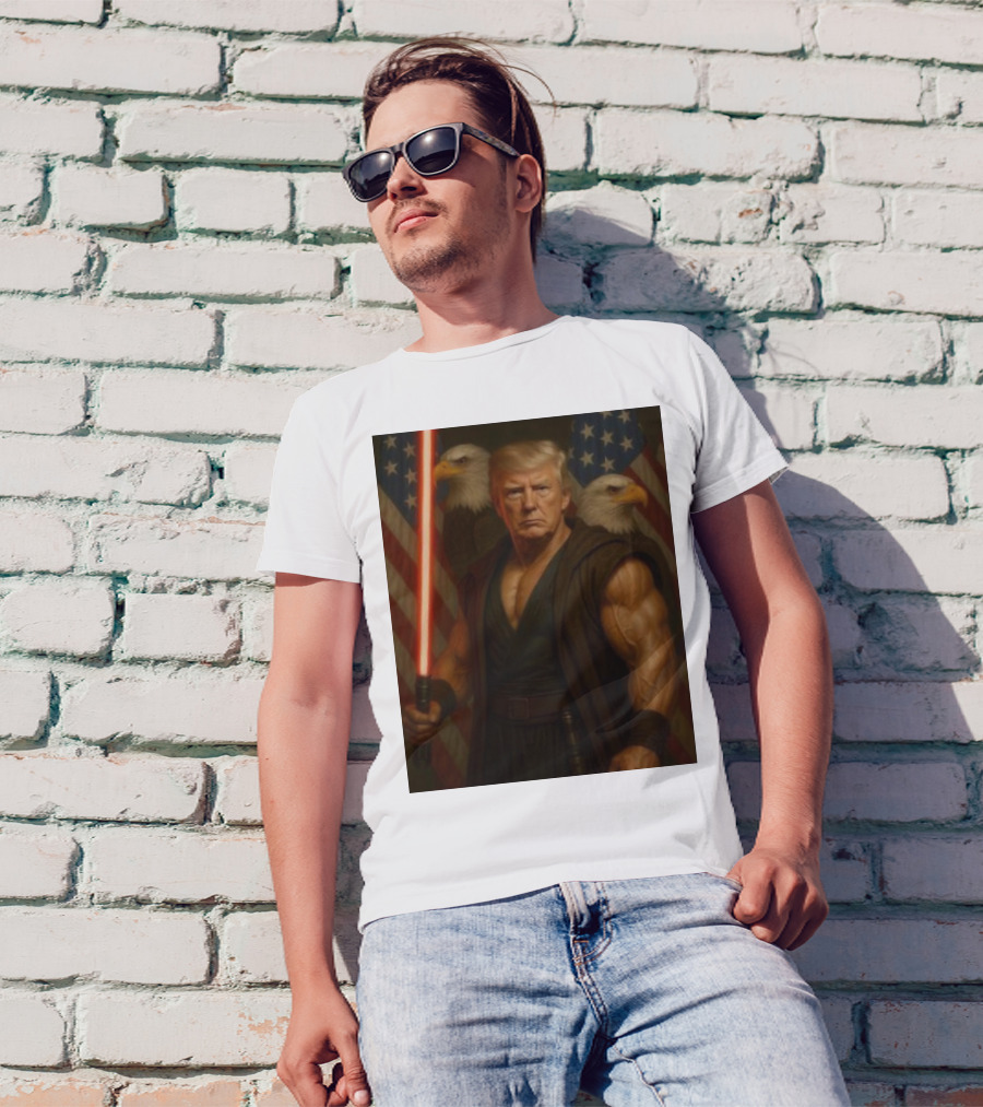 Trump Jedi Warrior With Lightsaber And Eagles In Front Of American Flags T-Shirt