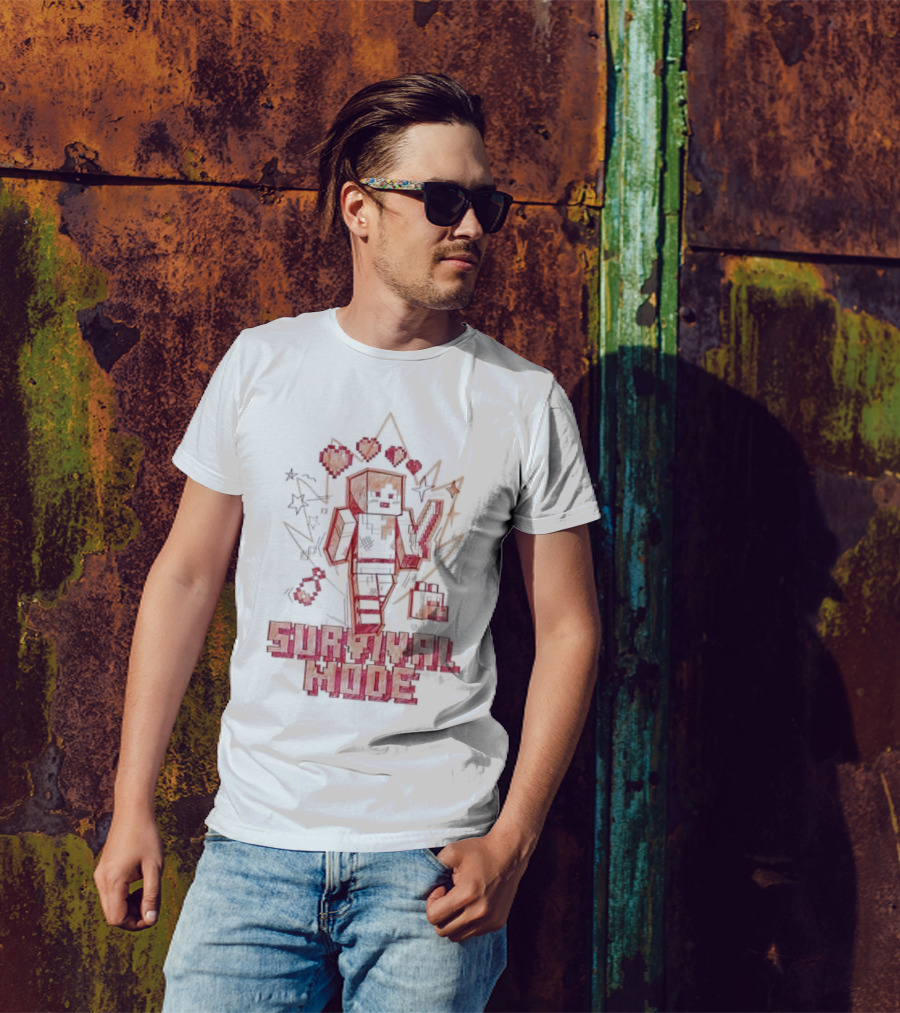 Survival Mode Game Pixel Art Character With Hearts And Tools T-Shirt
