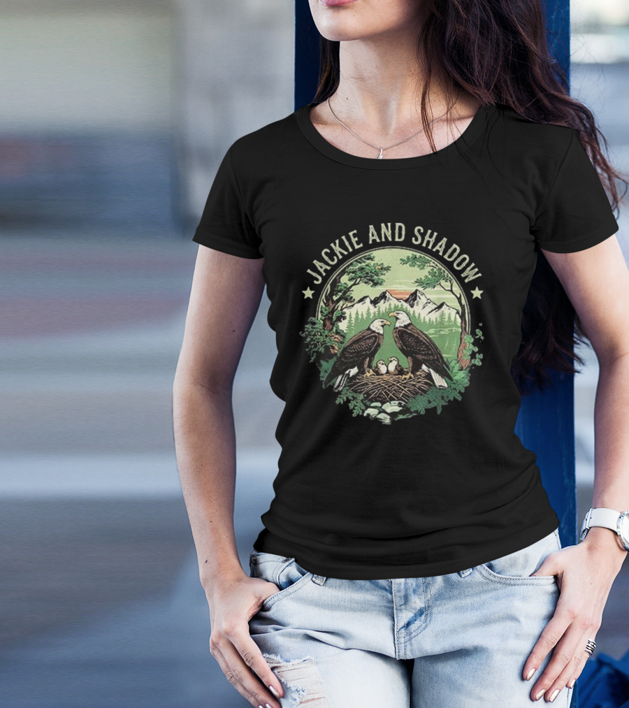Jackie And Shadow Bald Eagle Family Nesting Scene With Mountain And Forest Background T-Shirt