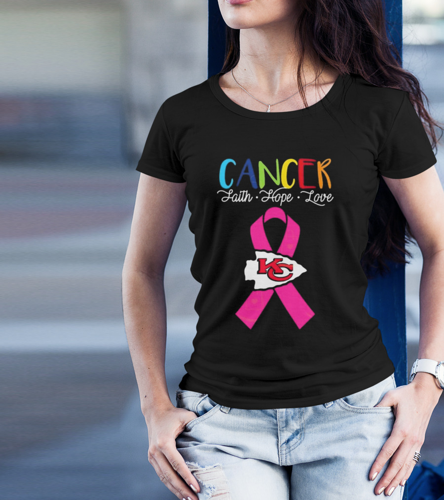 Kansas City Chiefs Pink Ribbon Cancer Faith Hope Love 2025 T-Shirt