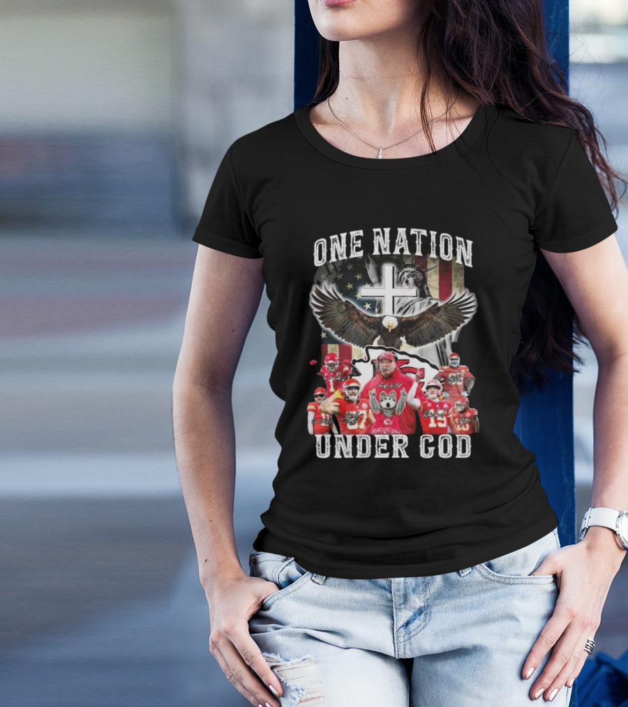 Kansas City Chiefs One Nation Under God 2025 Signatures Statue Of Liberty And Eagle T-Shirt