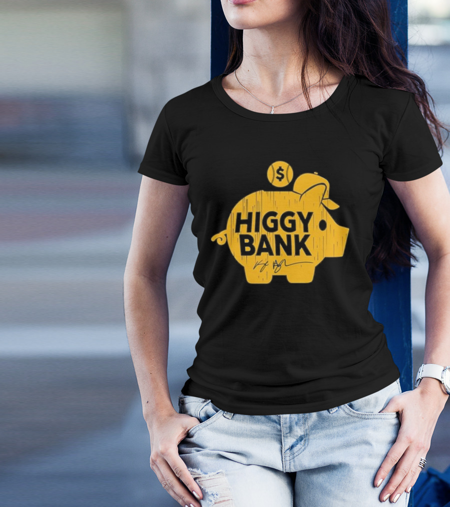 Higgy Bank Piggy Bank Graphic Baseball Theme With Signature And Dollar Sign T-Shirt