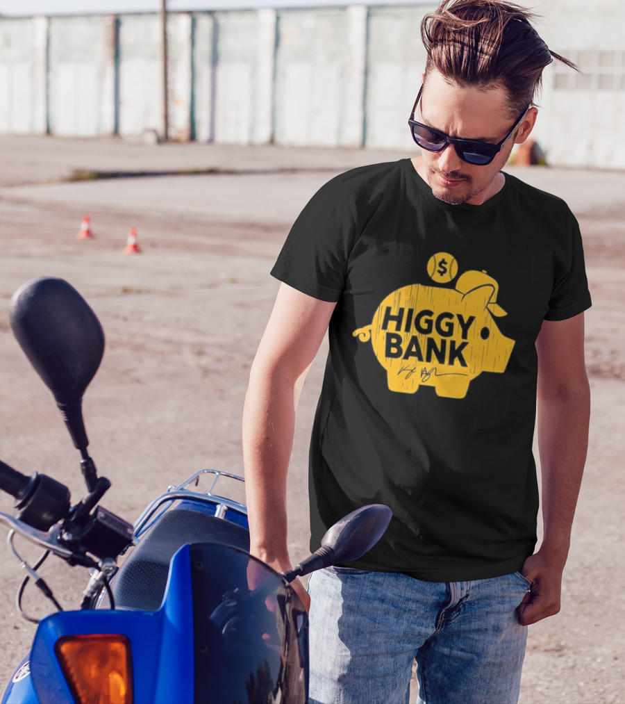 Higgy Bank Piggy Bank Graphic Baseball Theme With Signature And Dollar Sign T-Shirt