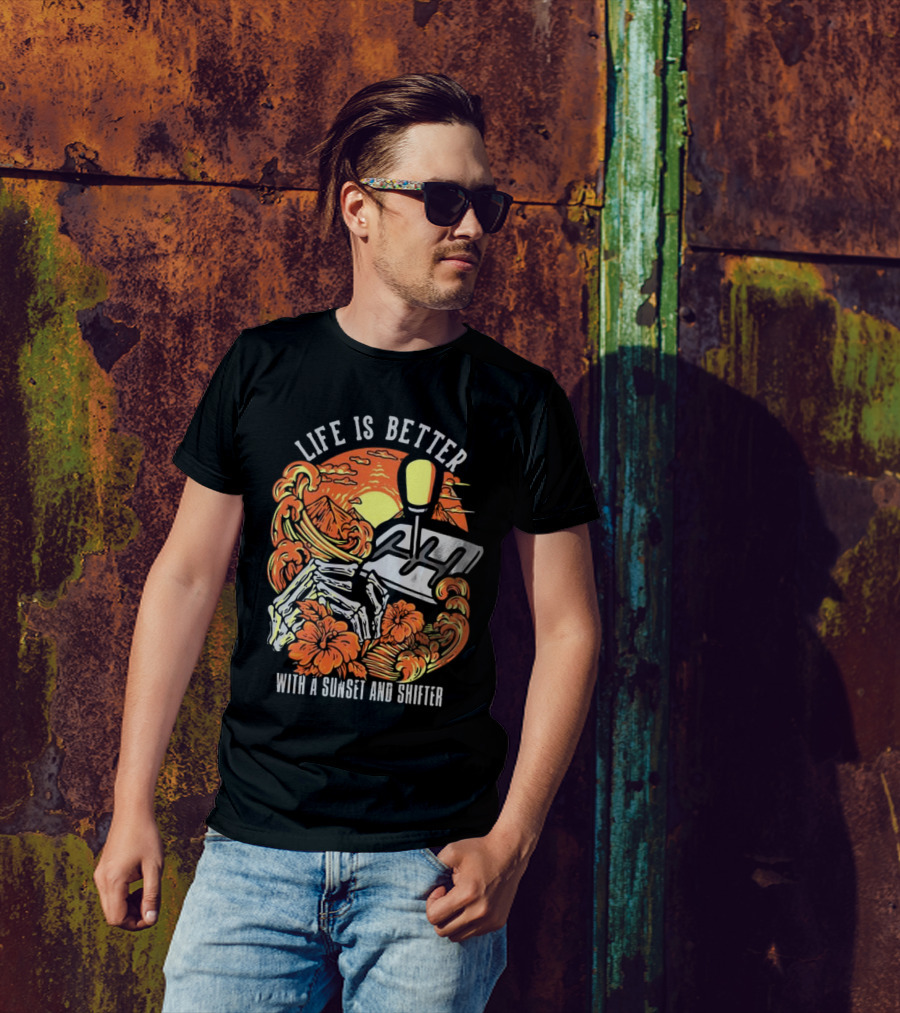 Life Is Better With A Sunset And Shifter Orange Skeleton Floral Waves T-Shirt