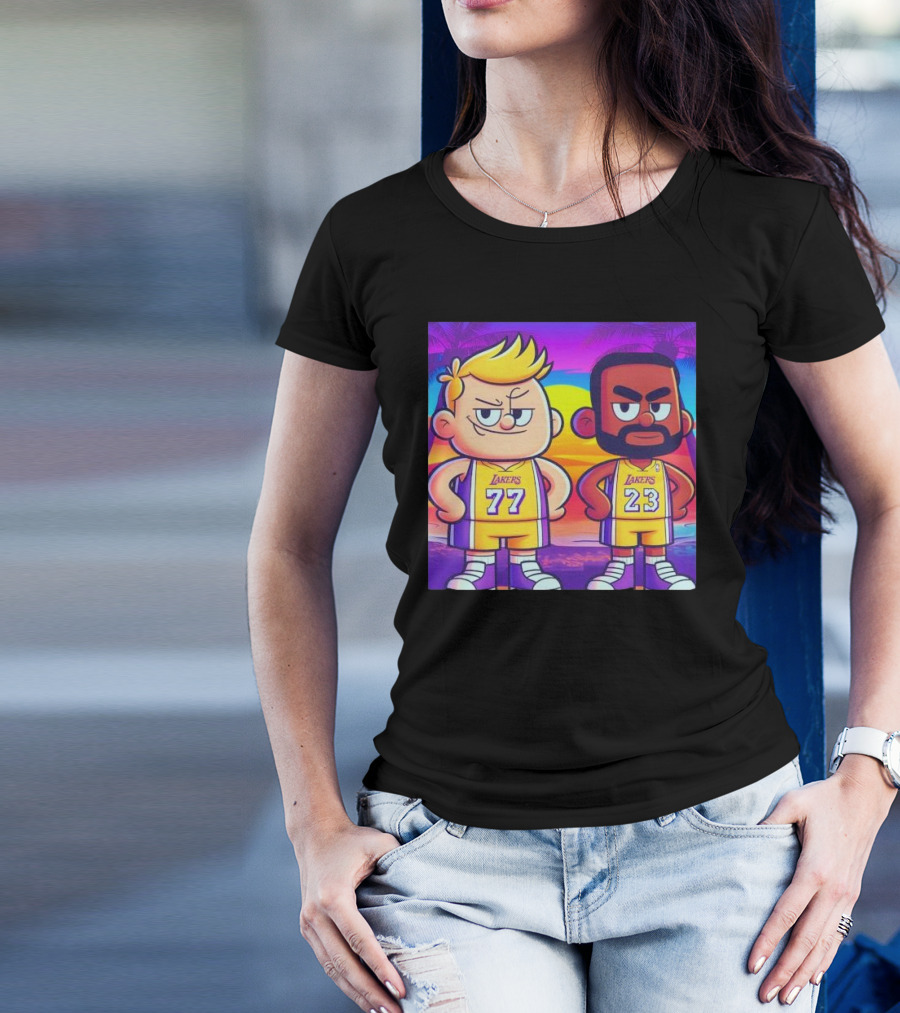 Los Angeles Lakers Cartoon Luka Doncic 77 LeBron James 23 T-Shirt