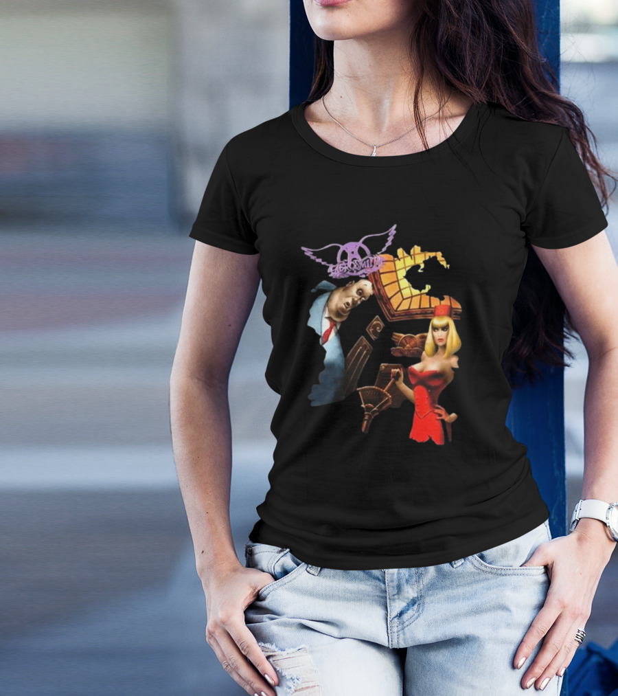 Aerosmith Love In An Elevator Cartoon Artwork With Woman In Red Dress And Man In Suit T-Shirt