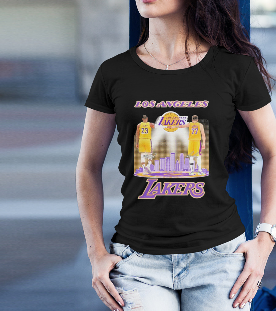Los Angeles Lakers Luka Doncic Lebron James 23 77 City Skyline T-Shirt