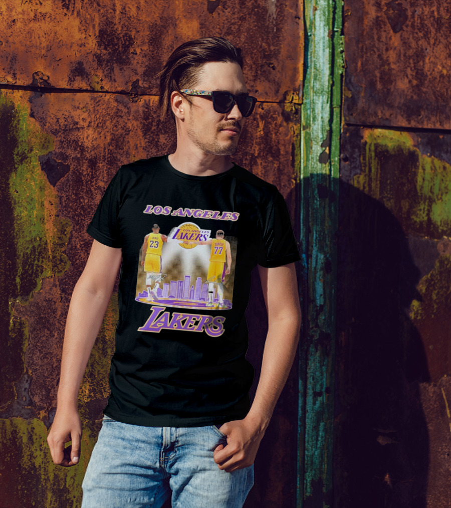 Los Angeles Lakers Luka Doncic Lebron James 23 77 City Skyline T-Shirt