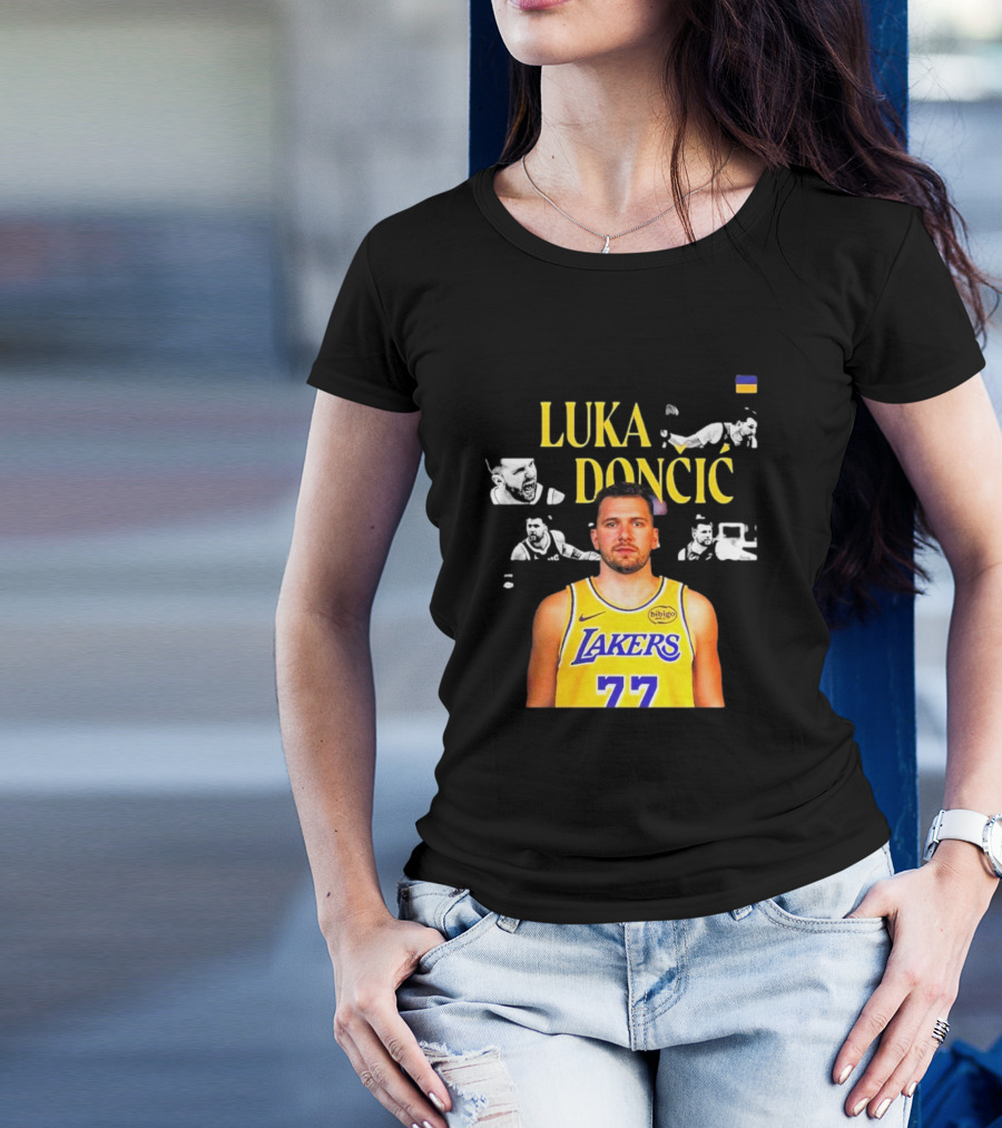 Luka Dončić Los Angeles Lakers Jersey Number 77 Championship Imagery T-Shirt