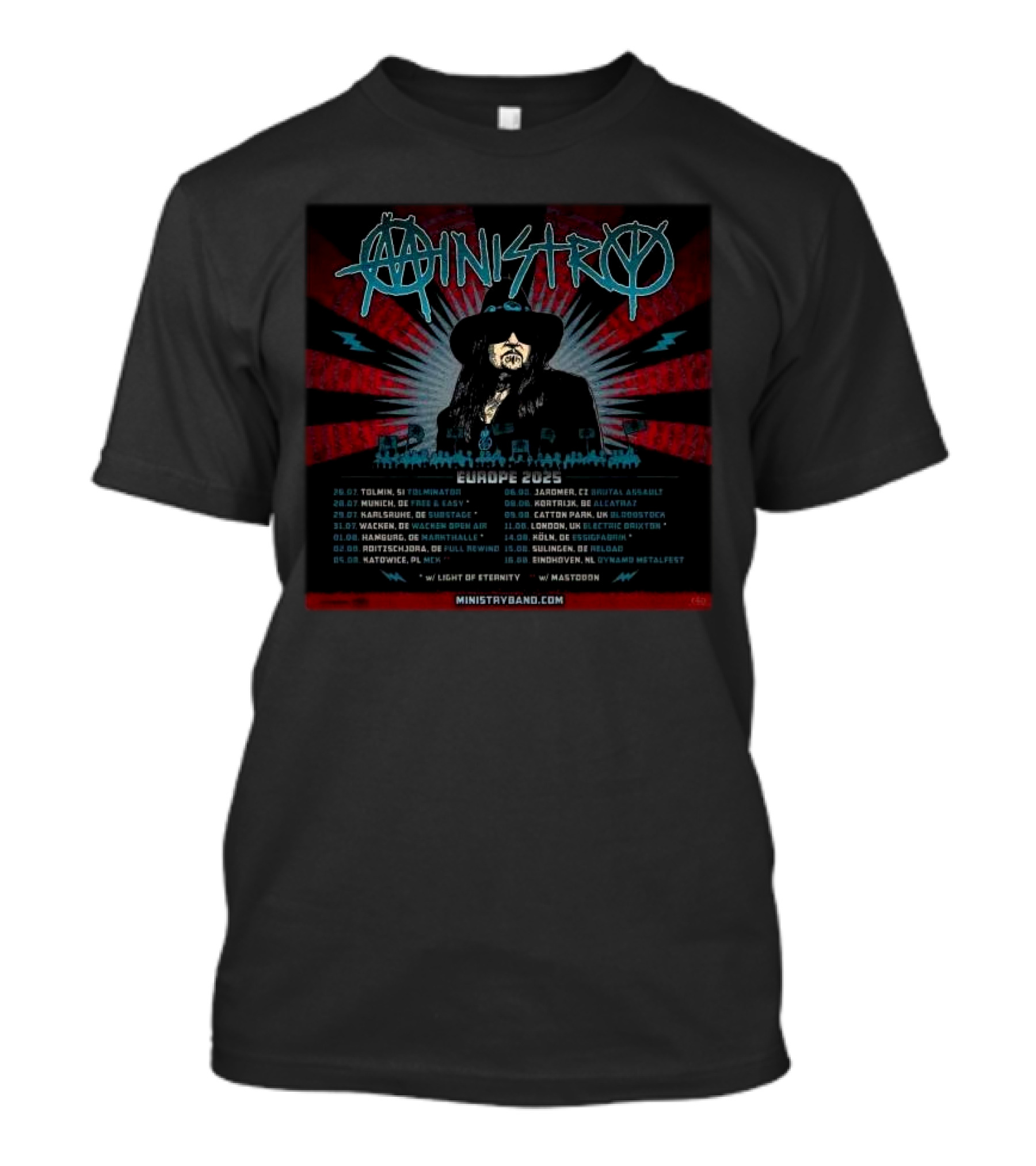 Ministry Europe 2025 Tour Dates Starting Tolmin SI July 26 With Light Of Eternity And Mastodon T-Shirt