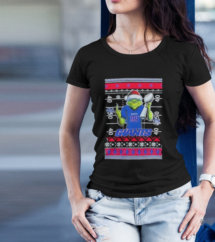 New York Giants Grinch Christmas With Lombardi Trophy Ugly Sweater T-Shirt
