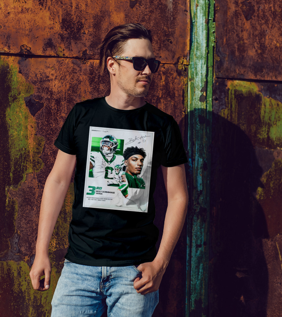New York Jets Braelon Allen 3rd Most Scrimmage Yards Season 20-Year Old NFL History Since 1933 Signature T-Shirt